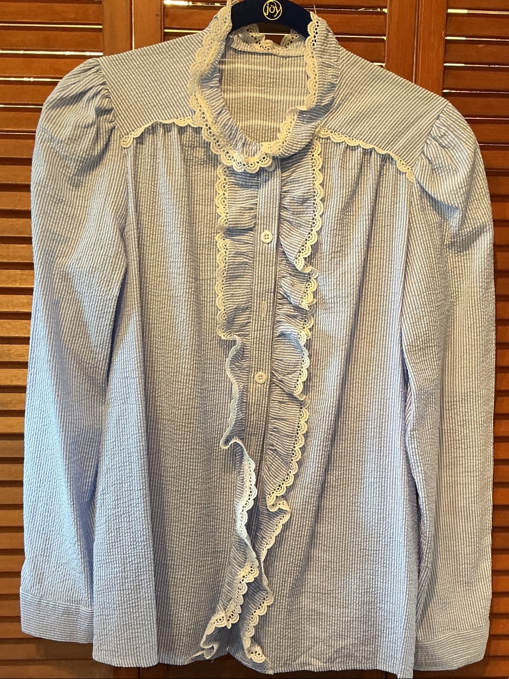 Amazon Blue and White Striped Ruffled Lace Blouse